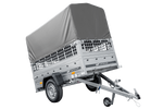 Autotransportanhänger 200x106 UNITRAILER GARDEN 200 KIPP mit Gitterwänden, H-800 Rahmen und grauer Plane