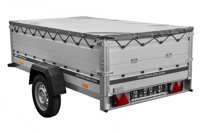 Einachsanhänger mit Aluminiumwänden 230x125 Unitrailer Garden 230 KIPP ALU mit BIS-Seitenwänden, H-0-Rahmen und grauer Plane