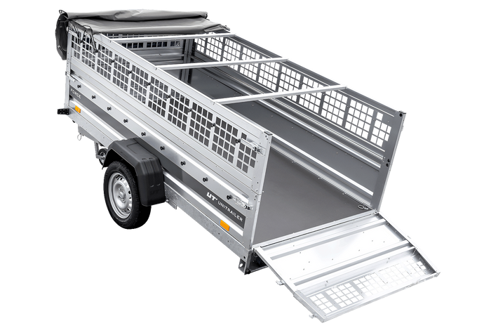 Einachsiger Anhänger auf Blattfedern 264x125 UNITRAILER FORCE 264/R KIPP mit Gitterseitenwänden, H-0-Rahmen und grauer Plane
