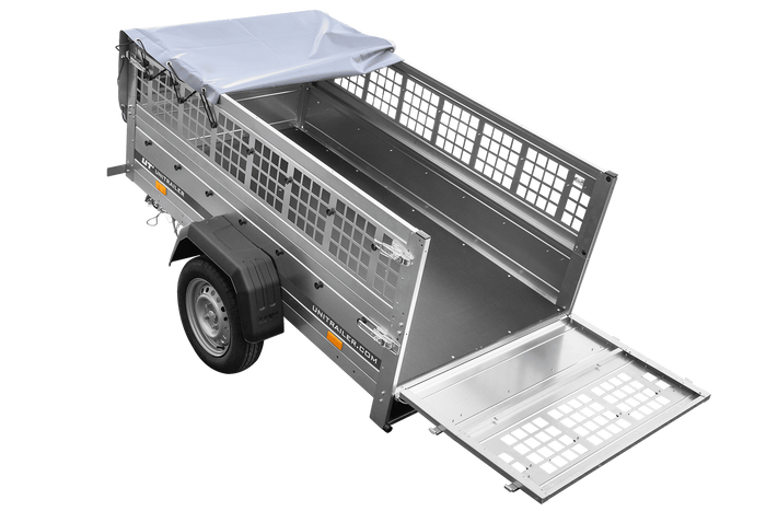 Einachsanhänger 200x106 UNITRAILER GARDEN 200 KIPP mit Seitenwänden aus Netzgewebe und grauer Plane