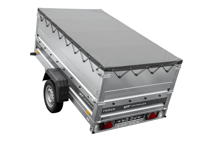 Leichter Anhänger 230x125 UNITRAILER FORCE 230 KIPP mit BIS-Seitenwänden, H-0-Rahmen und grauer Plane
