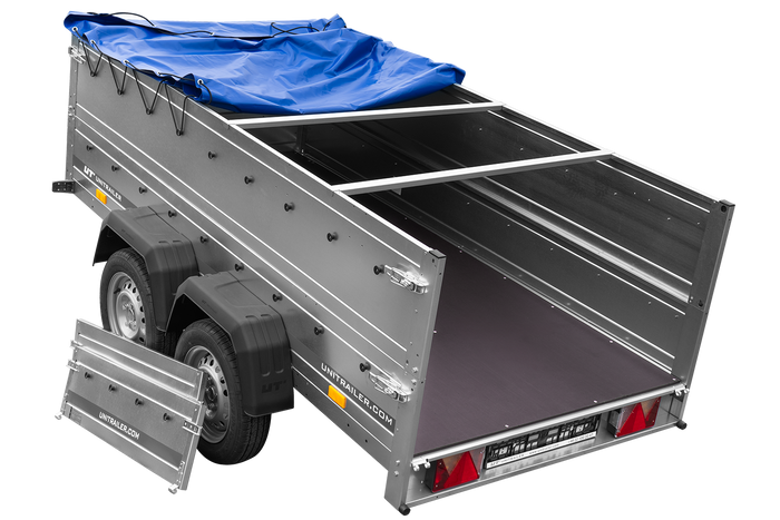 GARDEN TRAILER 264/2 KIPP Zweiachsanhänger mit Stützrad, Planenträgern, zus. Bordwänden und blauer Flachplane