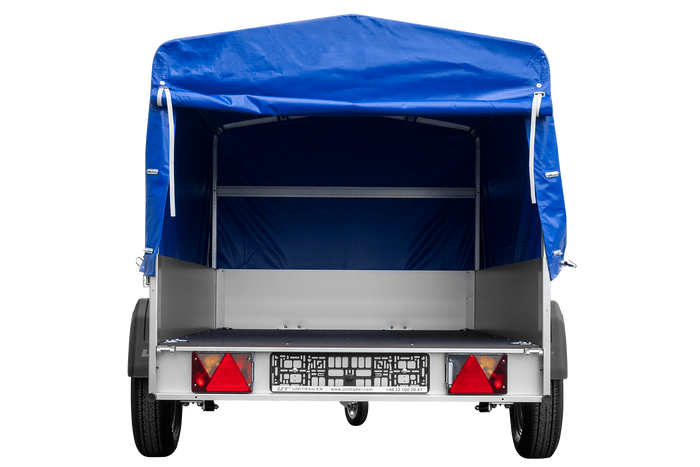 Autotransportanhänger auf Federn mit Aluminiumseitenwänden 200x125 Unitrailer Garden 201/R KIPP ALU mit H-800 Rahmen und blauer Plane
