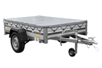 Einachsiger Anhänger auf Blattfedern mit Aluminiumseitenwänden 200x125 Unitrailer Garden 201/R KIPP ALU mit H-0-Rahmen und grauer Plane