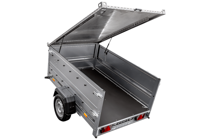 Einachsiger Anhänger auf Blattfedern 230x125 UNITRAILER GARDEN 230/R KIPP mit BIS-Seitenwänden und Aluminiumabdeckung
