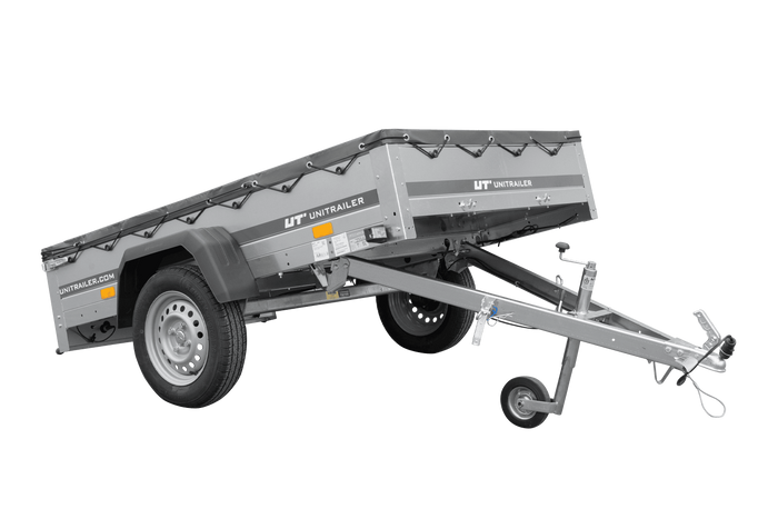 PKW-Anhänger 200x125 UNITRAILER GARDEN 201 KIPP mit grauer Flachplane und Flachplanenträger