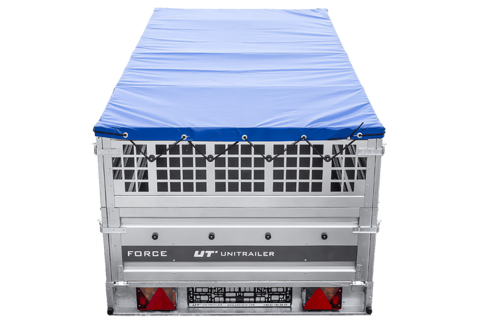 Einachsiger Anhänger auf Blattfedern 264x125 UNITRAILER FORCE 264/R KIPP mit Gitterseitenwänden, H-0-Rahmen und blauer Plane