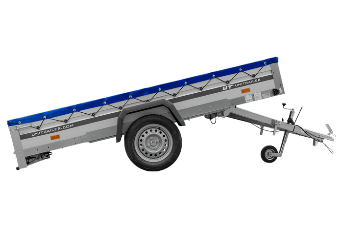 Autotransportanhänger mit Aluminiumseitenwänden 264x150 Unitrailer Garden 265 KIPP ALU mit H-0-Rahmen und blauer Plane