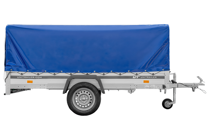 Einachsanhänger mit Aluminiumseitenwänden 264x150 Unitrailer Garden 265 KIPP ALU mit H-800 Rahmen und blauer Plane