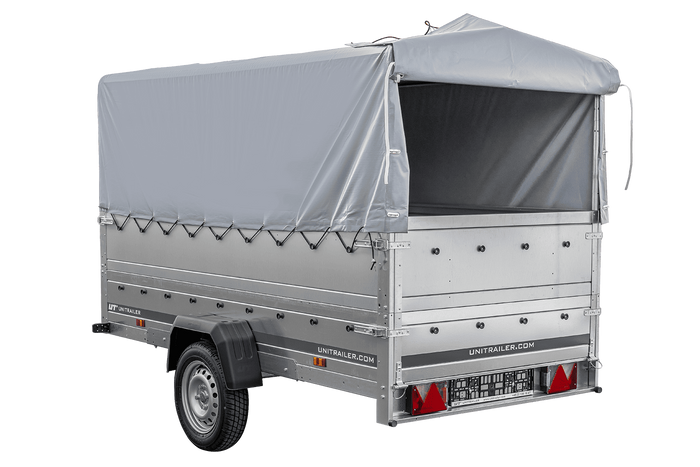 Leichtanhänger auf Federn 264x125 UNITRAILER GARDEN 264/R KIPP mit BIS-Seiten, H-800-Rahmen und grauer Plane