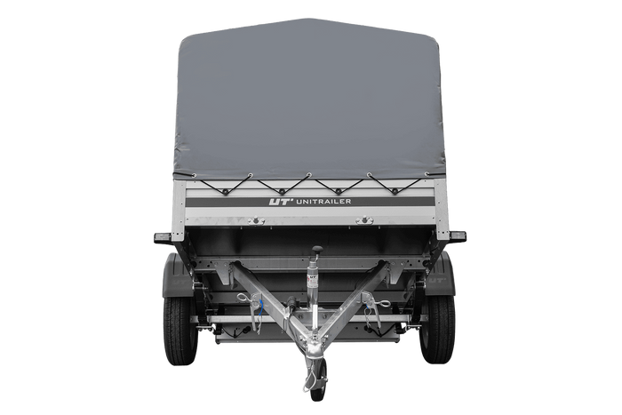 Einachsiger Anhänger auf Blattfedern mit Aluminiumseitenwänden 230x125 Unitrailer Garden 230/R KIPP ALU mit H-800 Rahmen und grauer Plane