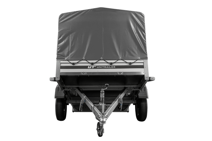 Einachsanhänger mit Aluminiumseitenwänden 230x125 Unitrailer Garden 230 KIPP ALU mit H-800 Rahmen und grauer Plane