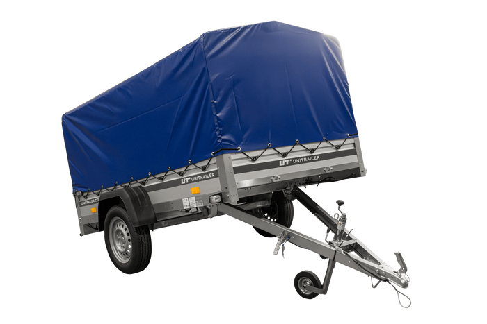 Einachsanhänger mit ALU-Bordwänden 230x125 Unitrailer Garden 230 KIPP ALU mit H-800 Rahmen und blauer Plane