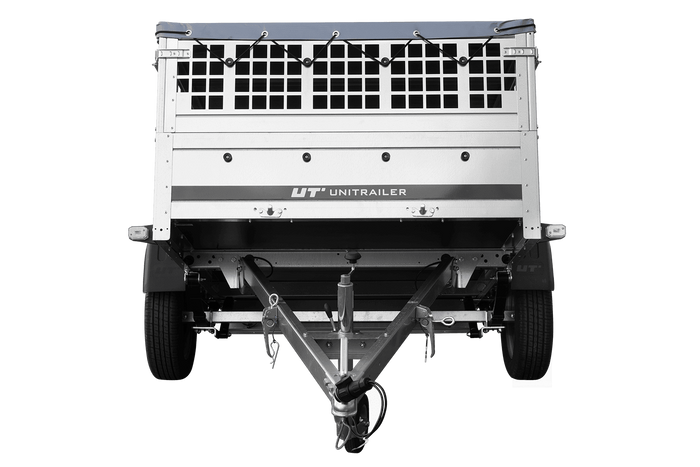 PKW-Anhänger auf Federn 200x125 UNITRAILER GARDEN 201/R KIPP mit Gitterwänden, H-0-Rahmen und grauer Plane
