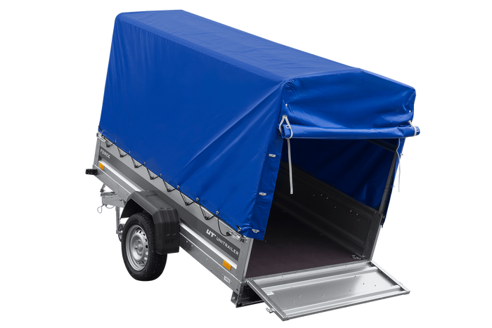 Leichter Anhänger 230x125 UNITRAILER FORCE 230 KIPP mit H-1100 Rahmen und blauer Plane