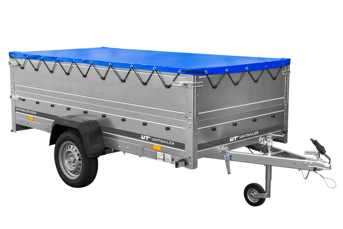 Großer Anhänger 750 kg GARDEN TRAILER 264 KIPP mit Bordwandaufsatz [zusätzliche 40 cm], Stützrad und blauer Flachplane
