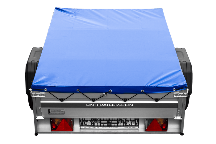 Einachsiger Anhänger auf Blattfedern mit Aluminiumseitenwänden 200x125 Unitrailer Garden 201/R KIPP ALU mit H-0-Rahmen und blauer Plane