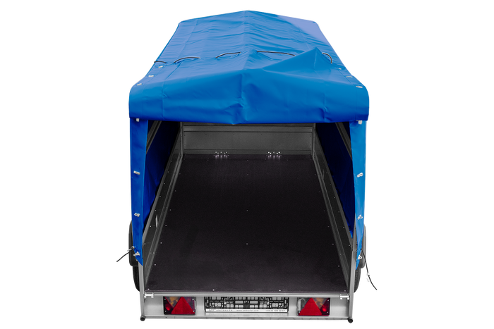 Przyczepka dwuosiowa 264x125 UNITRAILER GARDEN 264/2 KIPP ze stelażem H-1100 i plandeką niebieską