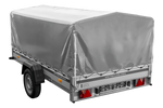 Einachsanhänger mit Aluminiumseitenwänden 264x150 Unitrailer Garden 265 KIPP ALU mit H-800 Rahmen und grauer Plane
