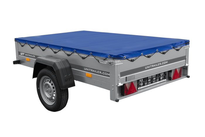 PKW-Anhänger 200x125 UNITRAILER GARDEN 201 KIPP mit blauer Flachplane und Flachplanenträger
