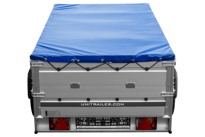 Einachsanhänger mit Aluminiumseitenwänden 230x125 Unitrailer Garden 230 KIPP ALU mit BIS-Seitenwänden, H-0-Rahmen und blauer Plane