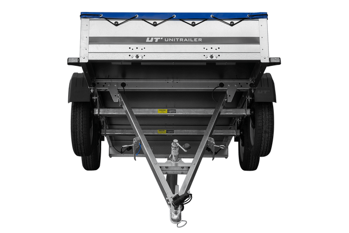 GARDEN TRAILER 264/2 KIPP MIT STÜTZRAD, PLANENTRÄGER UND BLAUER FLACHPLANE