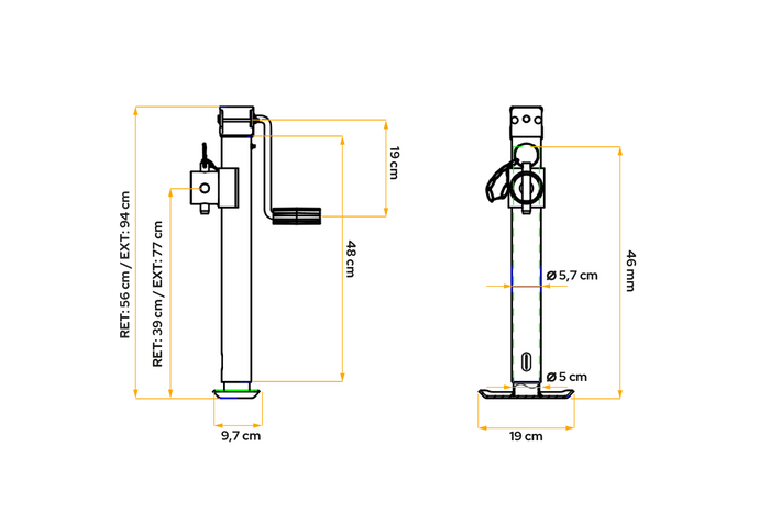 Ausziehbare Stütze mit Kürbel UNITRAILER TJ5002+TJ5002A Adapter bi 1300 kg 560-940 mm