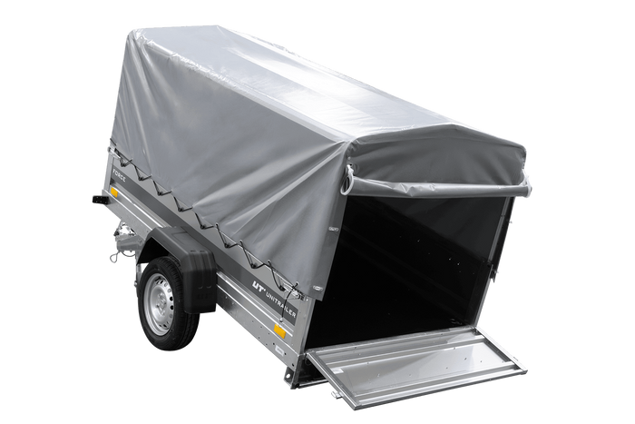 Einachsanhänger 230x125 UNITRAILER FORCE 230 KIPP mit H-800 Spriegel und grauer Hochplane