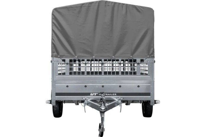 Autotransportanhänger auf Blattfedern 264x150 UNITRAILER GARDEN 265/R KIPP mit Gitterwänden, H-800 Rahmen und grauer Plane