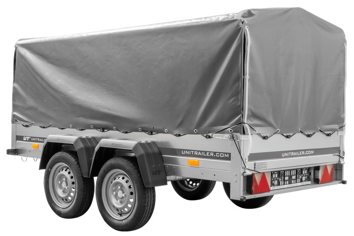 UNITRAILER GARDEN TRAILER ANHÄNGER 264/2 KIPP MIT STÜTZRAD, SPRIEGEL UND GRAUER PLANE