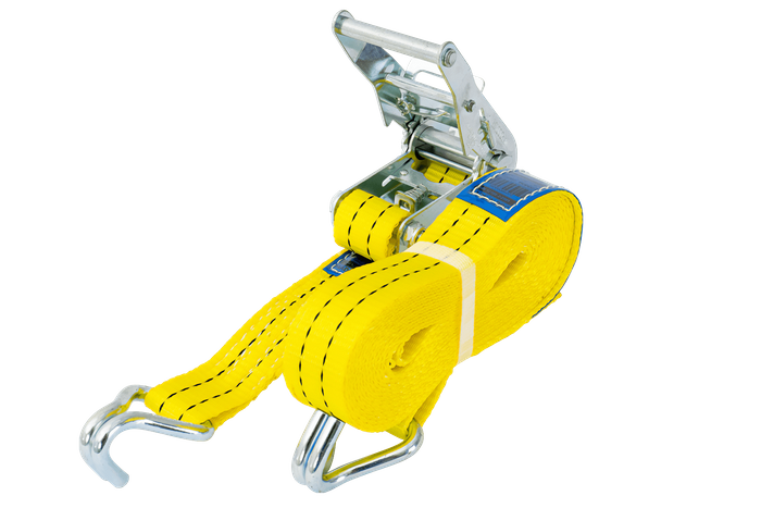 Satz aus vier gelben UNITRAILER 6m/35mm/2t Transportgurten mit Spannvorrichtung