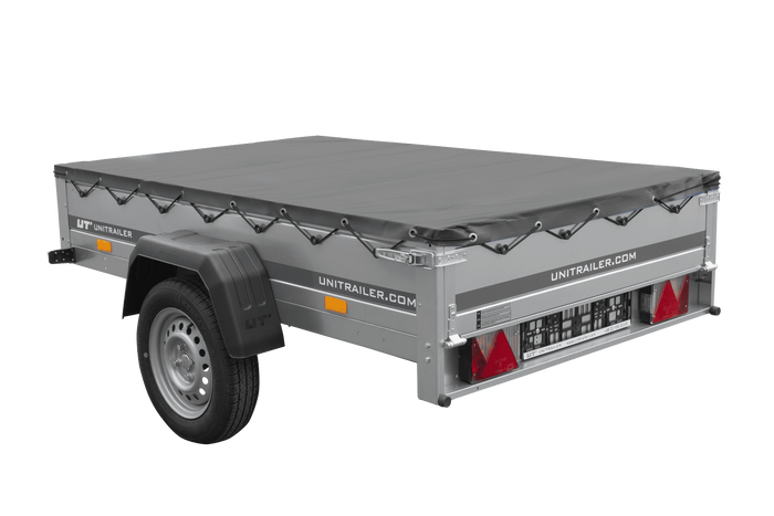 PKW-Anhänger 200x125 UNITRAILER GARDEN 201 KIPP mit grauer Flachplane und Flachplanenträger