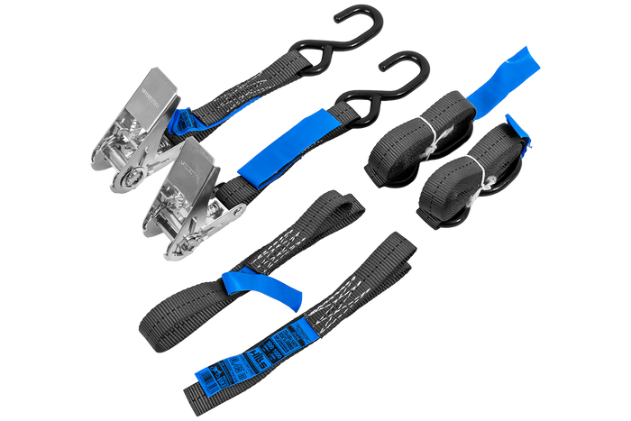 Set aus zwei HILLS 3 m/25 mm/1 t Transportgurten mit Spannvorrichtung und zwei 0,45 m Gurten zur Sicherung des Motorrads