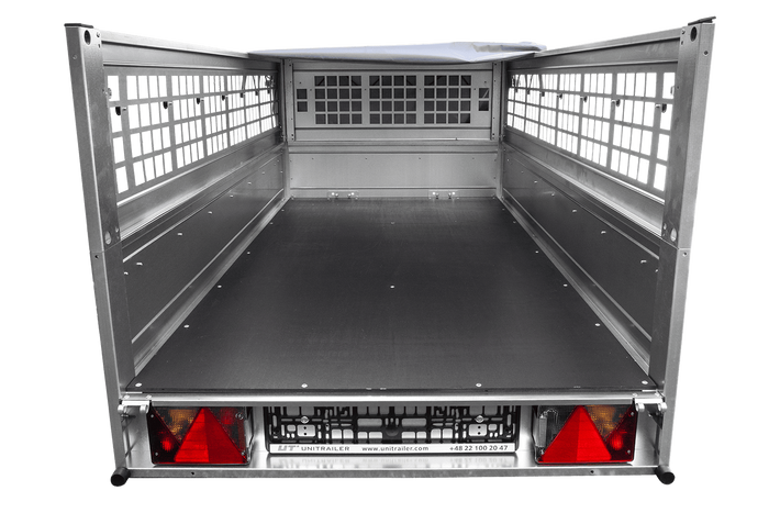 Einachsanhänger 200x106 UNITRAILER GARDEN 200 KIPP mit Seitenwänden aus Netzgewebe und grauer Plane