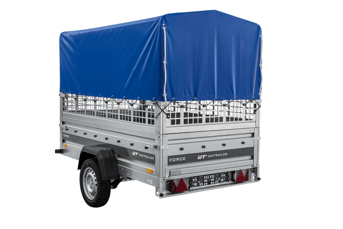 Autotransportanhänger auf Federn 230x125 UNITRAILER FORCE 230/R KIPP mit Gitterwänden, H-800 Rahmen und blauer Plane