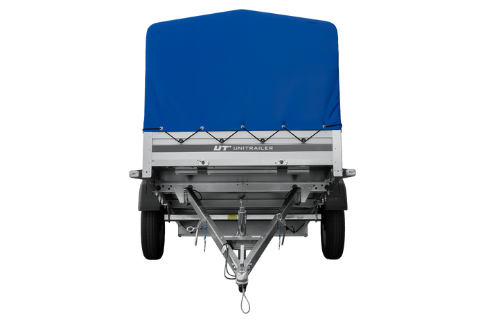 Einachsanhänger mit Aluminiumseitenwänden 264x125 Unitrailer Garden 264 KIPP ALU mit H-800 Rahmen und blauer Plane