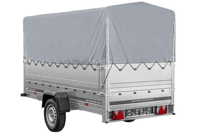 Leichtanhänger auf Federn 264x125 UNITRAILER GARDEN 264/R KIPP mit BIS-Seiten, H-800-Rahmen und grauer Plane