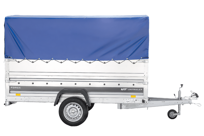 Autotransportanhänger 264x125 UNITRAILER FORCE 264 KIPP mit BIS-Seitenwänden, H-800-Rahmen und blauer Plane