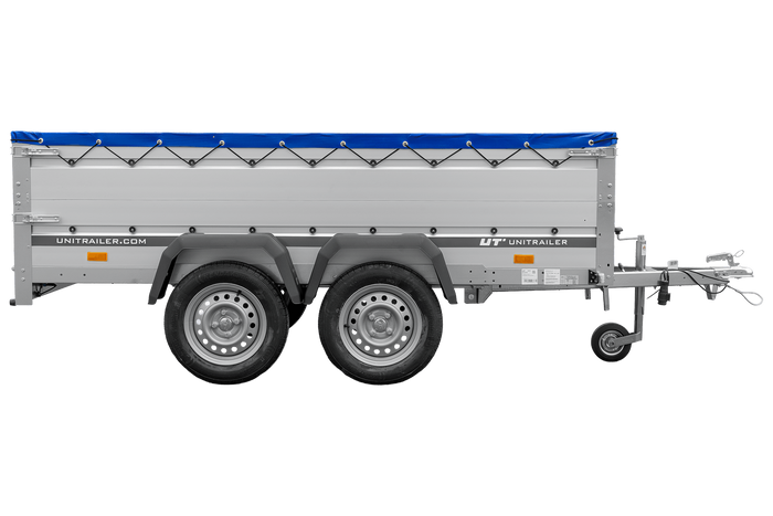 Zweiachsiger Anhänger mit Aluminiumseitenwänden 264x125 Unitrailer Garden 264/2 KIPP ALU mit BIS-Seitenwänden, H-0-Rahmen und blauer Plane