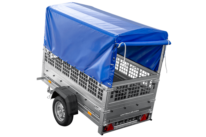Leichter Anhänger 200x106 UNITRAILER GARDEN 200 KIPP mit Gitterwänden, H-800 Rahmen und blauer Plane