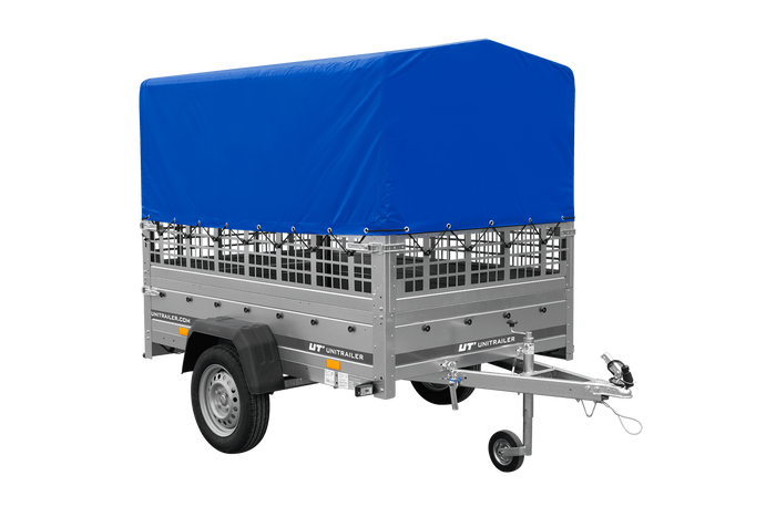 PKW-Anhänger 200x125 UNITRAILER GARDEN 201 KIPP mit Gitteraufsatz und blauer Hochplane