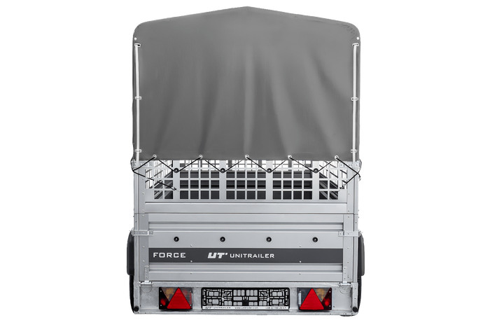 Autotransportanhänger auf Federn 264x125 UNITRAILER FORCE 264/R KIPP mit Gitterwänden, H-800 Rahmen und grauer Plane