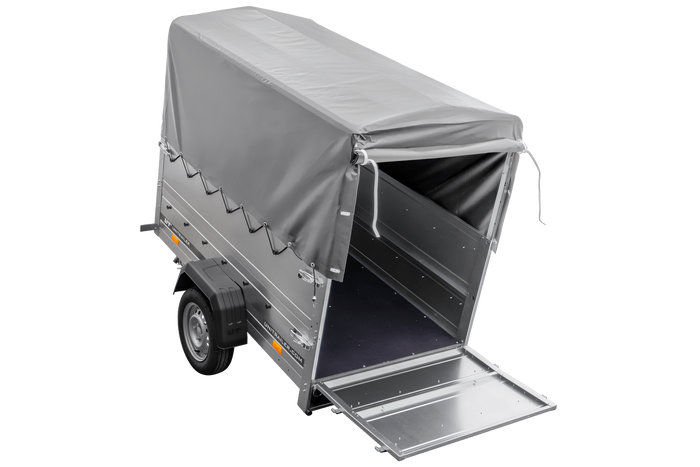 Leichter Anhänger 200x106 UNITRAILER GARDEN 200 KIPP mit BIS-Seitenwänden, H-800-Rahmen und grauer Plane