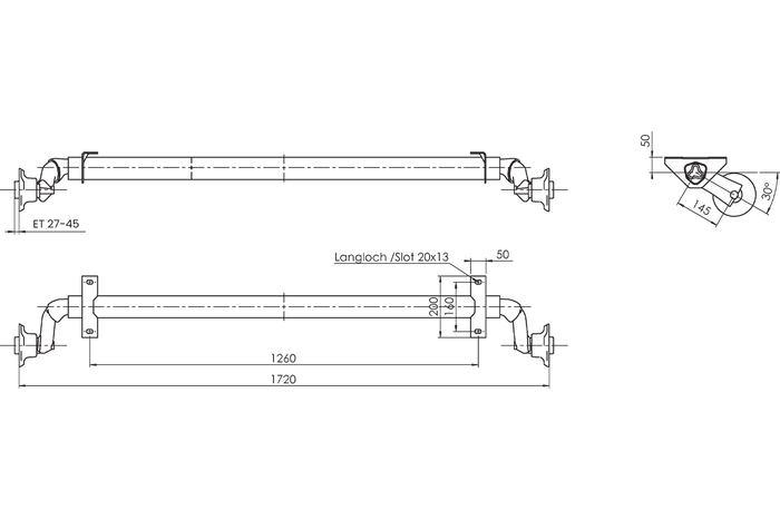 AL-KO OPTIMA ungebremste Achse für Anhänger 750kg 1260mm 1720mm 4x100