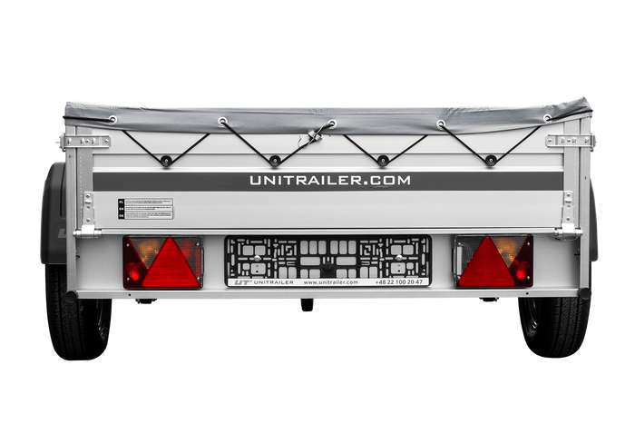 Einachsiger Anhänger auf Blattfedern mit Aluminiumseitenwänden 200x125 Unitrailer Garden 201/R KIPP ALU mit H-0-Rahmen und grauer Plane