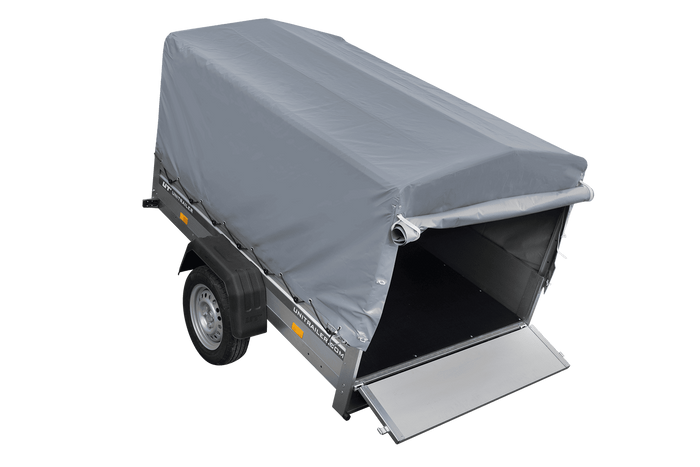 Einachsanhänger mit Aluminiumseitenwänden 200x125 Unitrailer Garden 201 KIPP ALU mit H-800 Rahmen und grauer Plane