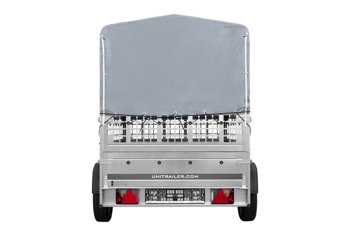 Einachsanhänger auf Federn 200x125 UNITRAILER GARDEN 201/R KIPP mit Gitterwänden, H-800-Rahmen und grauer Plane