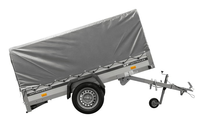 Einachsanhänger mit ALU-Bordwänden 230x125 Unitrailer Garden 230 KIPP ALU mit H-800 Rahmen und grauer Plane