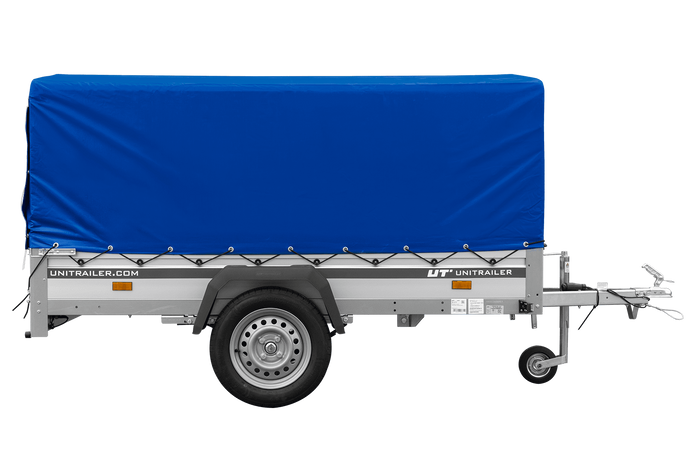 Einachsiger Anhänger auf Blattfedern mit Aluminiumseitenwänden 230x125 Unitrailer Garden 230/R KIPP ALU mit H-800 Rahmen und blauer Plane