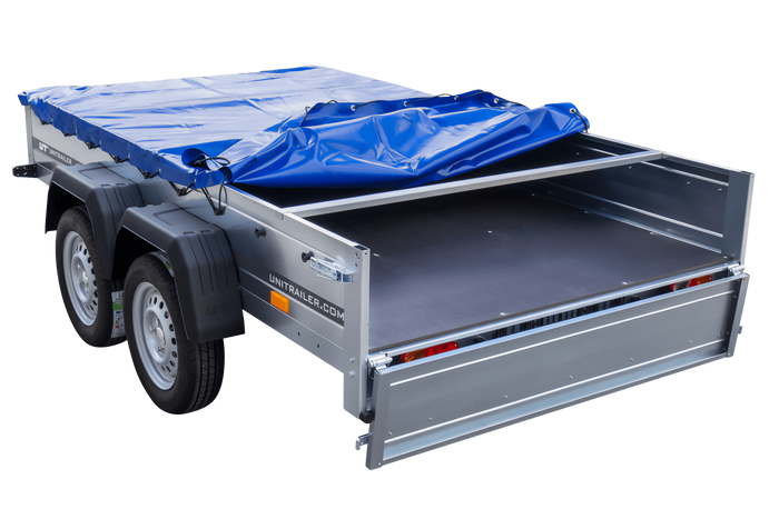 Autotransportanhänger 264x150 UNITRAILER GARDEN 265/2 KIPP mit H-0-Rahmen und blauer Plane